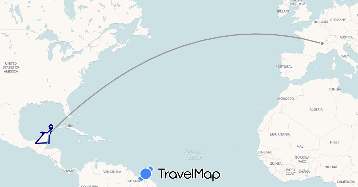 TravelMap itinerary: driving, plane, boat in Belize, France, Mexico (Europe, North America)